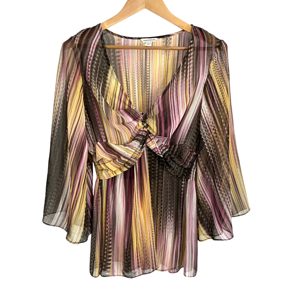 Boston Proper Womens Medium Sheer Striped Tuscan Mom Bell Sleeve Blouse Top Silk